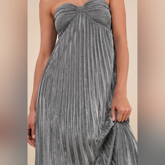 Lulus Glittering Luxury Silver Lurex Pleated Strapless Maxi Dress Wedding Prom - Picture 5 of 9